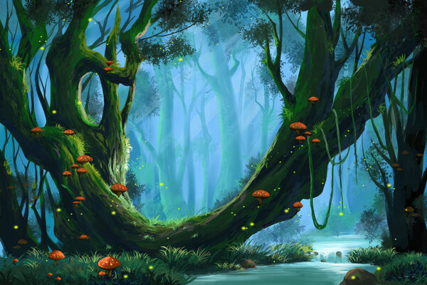 Virgin Forest. Video Games Digital CG Artwork, Concept Illustration, Realistic Cartoon Style Background