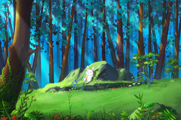 Small White Rabbit Resting in the Mysterious Woodland. Video Games Digital CG Artwork, Concept Illustration, Realistic Cartoon Style Background