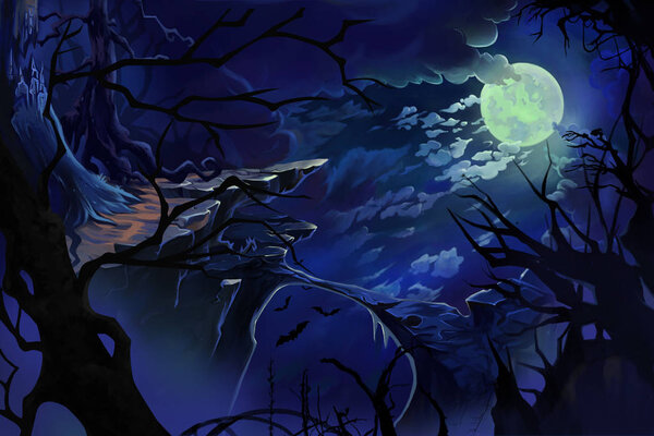 Moon Night. Video Games Digital CG Artwork, Concept Illustration, Realistic Cartoon Style Background