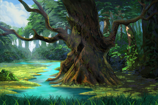 Ancient Tree in the Forest by the Riverside. Video Games Digital CG Artwork, Concept Illustration, Realistic Cartoon Style Background