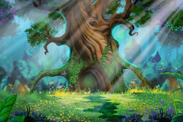 Green Forest With Deep Grass, Big Tree and Magical Flowers. Realistic Cartoon Style Scene, Wallpaper, Background Design. Illustration