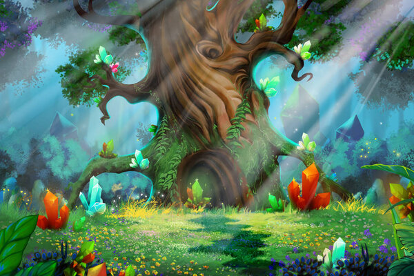 Green Forest With Deep Grass, Big Tree and Magical Flowers. Realistic Cartoon Style Scene, Wallpaper, Background Design. Illustration