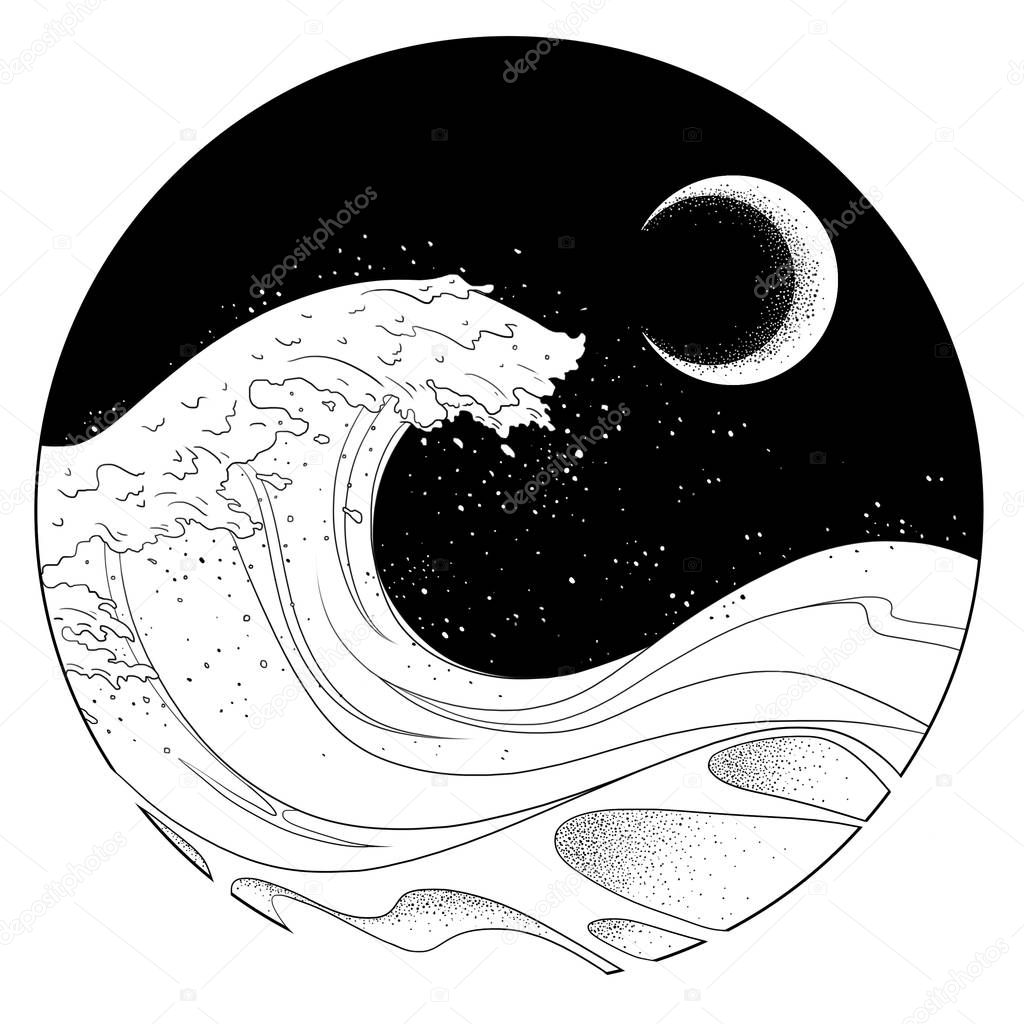 Wave at Moon Night. Sketch Artwork, Creative Idea, Innovative art, Concept Illustration, Tattoo Design