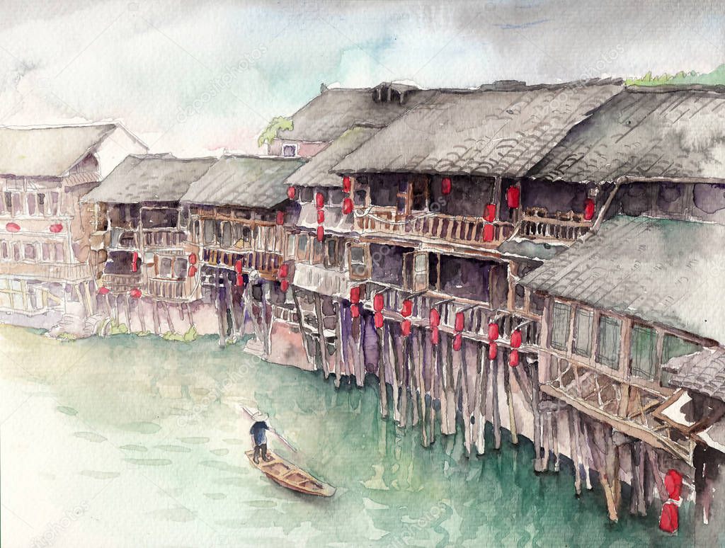 Water Town, China. Watercolor Artwork 