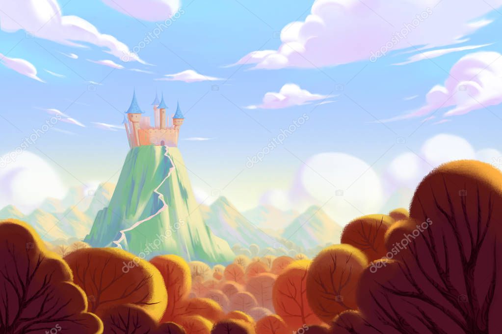 Castle on the Top of Mountain. Video Games Digital CG Artwork, Concept Illustration, Realistic Cartoon Style Background