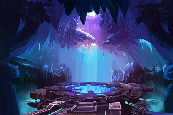 Mystery Cave with Sci-Fi Building. Video Games Digital CG Artwork, Concept Illustration, Realistic Cartoon Style Background