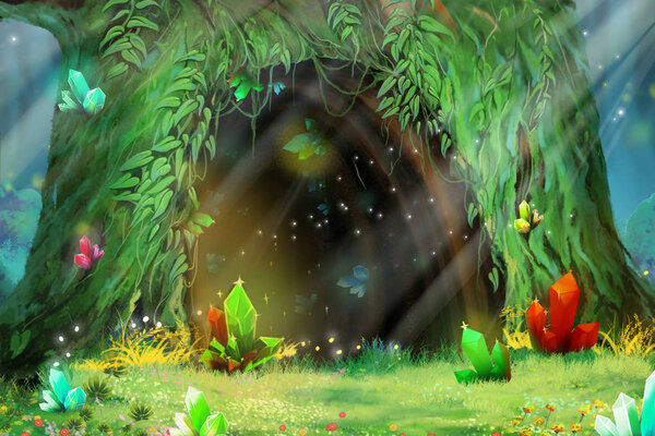 Mystery Tree Hole. Video Games Digital CG Artwork, Concept Illustration, Realistic Cartoon Style Background
