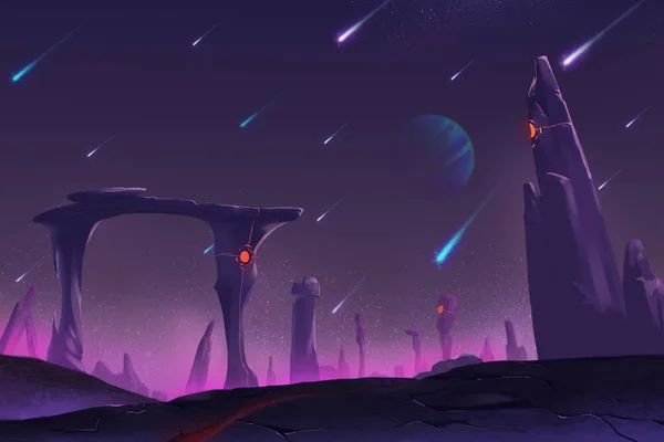 Fantastische und exotische Umgebung des Planeten: Meteorschauer in der Nacht — Stockfoto