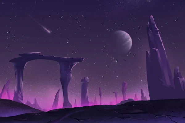 夜幕降临在奇怪土地的外星人的星球 视频游戏的 数字艺术作品 概念图中 现实的卡通风格背景 — 图库照片