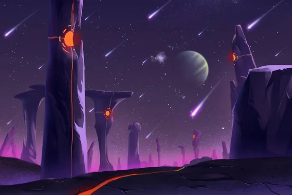Nacht Kommt Auf Ein Seltsames Land Fremder Planeten Videospiels Digitales — Stockfoto