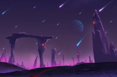 Fantastik ve egzotik Allen gezegenin çevre: gece Meteor yağmuru