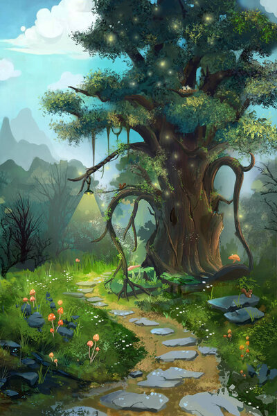 The Tree in the Morning. Video Game's Digital CG Artwork, Concept Illustration, Realistic Cartoon Style Background