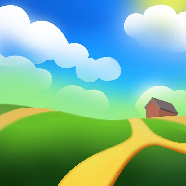 Green Hill of a Farm under the Sun. Video Games Digital CG Artwork, Concept Illustration, Realistic Cartoon Style Background