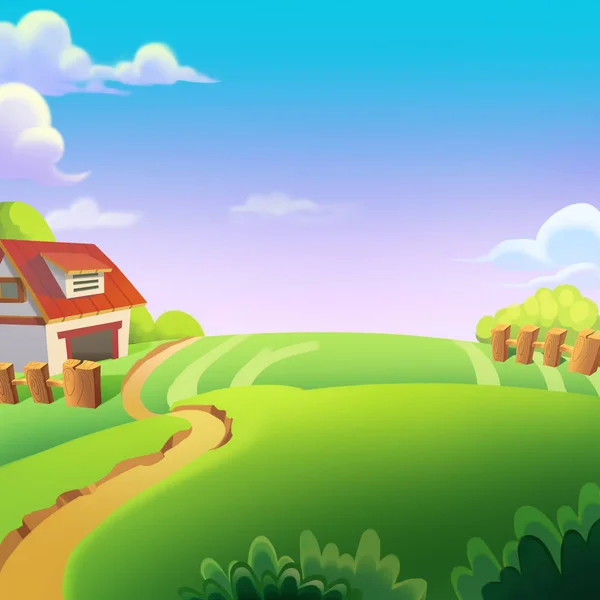 Όμορφο Αγρόκτημα Την Ηλιόλουστη Μέρα Κάτω Από Green Hill Βιντεοπαιχνίδια — Φωτογραφία Αρχείου