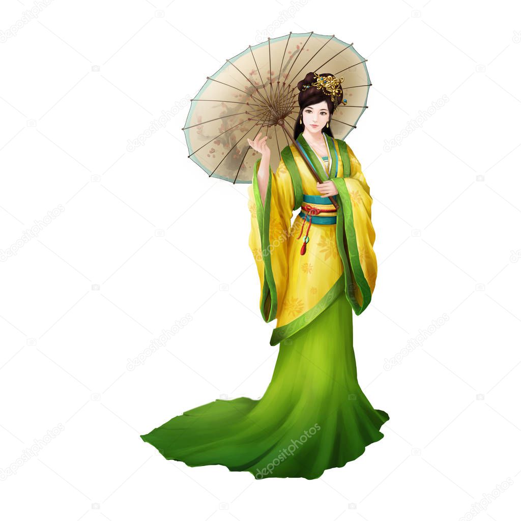 Beautiful Lady, Princess, Beauty with Umbrella. Video Games Digital CG Artwork, Concept Illustration, Realistic Cartoon Style Background and Character Design