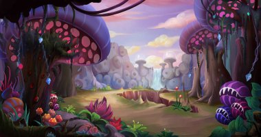 Alien Planet yüzey ortamı. Video oyunları dijital CG sanat, konsept Illustration, gerçekçi karikatür stil arka plan 