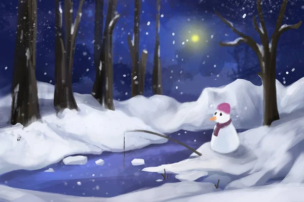 Bosque Nieve Con Hombre Nieve Videojuegos Digital Carátula Ilustración Concepto — Foto de Stock
