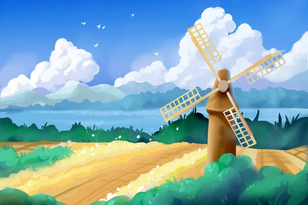 Wheat Fields and Windmill. Video Games Digital CG Artwork, Concept Illustration, Realistic Cartoon Style Background