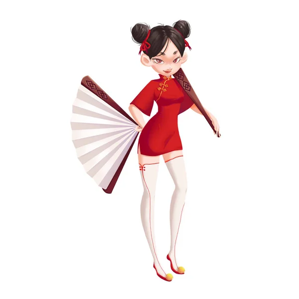 Ancient Chinese Girl Holding Fans Isolated White Background Video Game — Stock Photo, Image