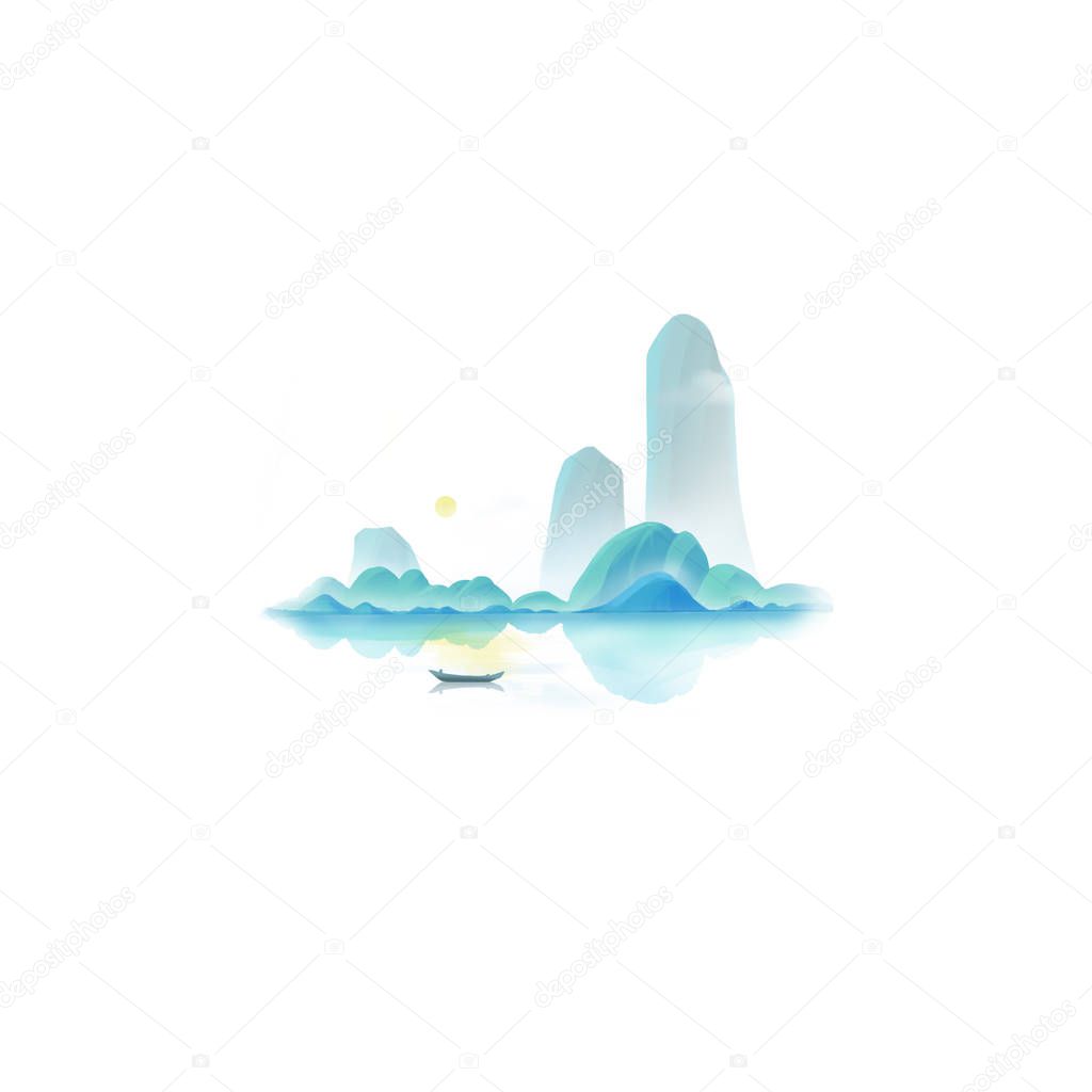 Chinese Painting Mountains and Waters isolated on White Background