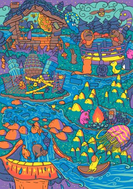 Büyülü gerçekçilik karikatürleri. Vintage poster tarzı. Konsept sanatı. Gerçekçi karikatür Illustration. Video oyun dijital CG Artwork. Komik sahne tasarım
