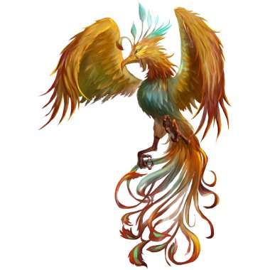 Phoenix, Orta Çağ ve ortaçağdan gelen gizem efsanevi yaratıklar. Konsept sanatı. Gerçekçi Illustration. Video oyun dijital CG Artwork. Karakter tasarımı