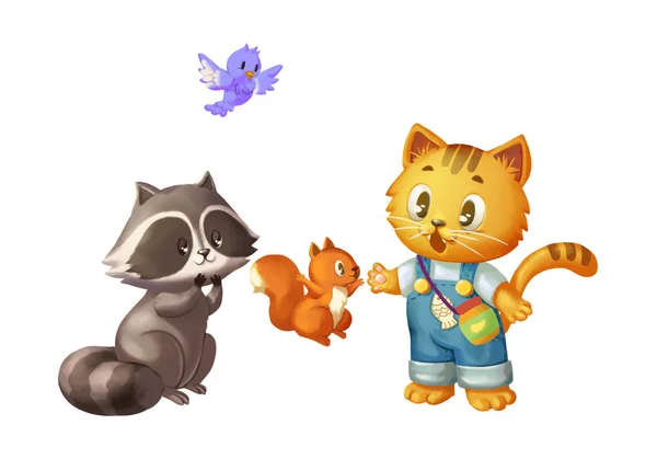 Cat and his Friends, Bird, Squirrel and Raccoon. Animals Character Design. Children Book Design. Concept Art. Realistic Illustration. Video Game Digital CG Artwork