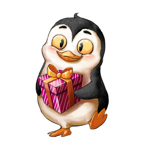 Пингвин Подарочной Коробкой Дизайн Персонажей Животных Детский Дизайн Книги Концепт — стоковое фото