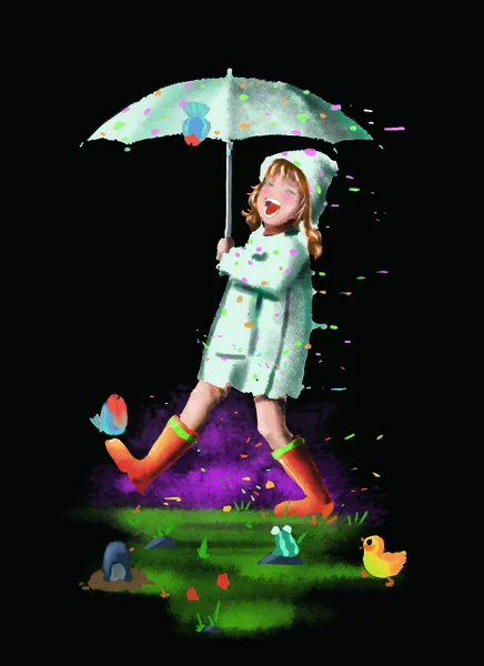 拿着雨伞的女孩纹身字符设计 概念线艺术 逼真的插图 视频游戏数字 艺术品 — 图库照片