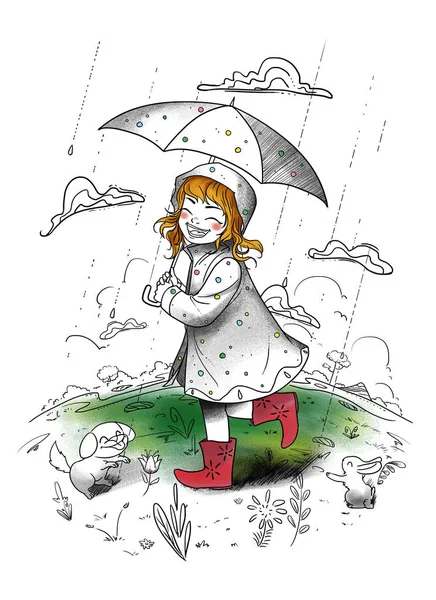 Mädchen Mit Regenschirm Tätowiercharakter Design Konzeptlinie Kunst Realistische Illustration Videospiel — Stockfoto