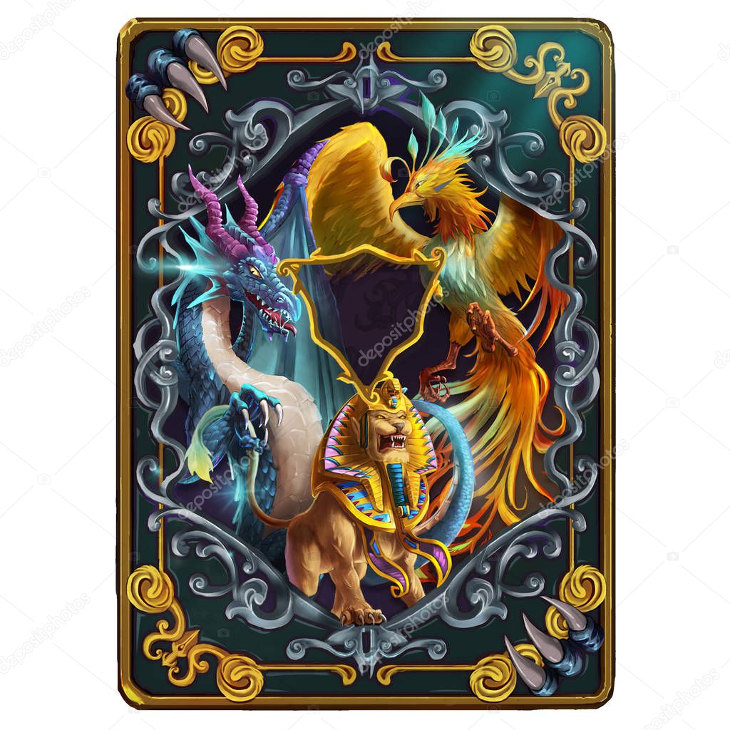 Card Back Design about Mystery Mythical Creatures from Middle Ages and Medieval. Dragon, Phoenix and Sphinx. Concept Art. Realistic Illustration. Video Game Digital CG Artwork