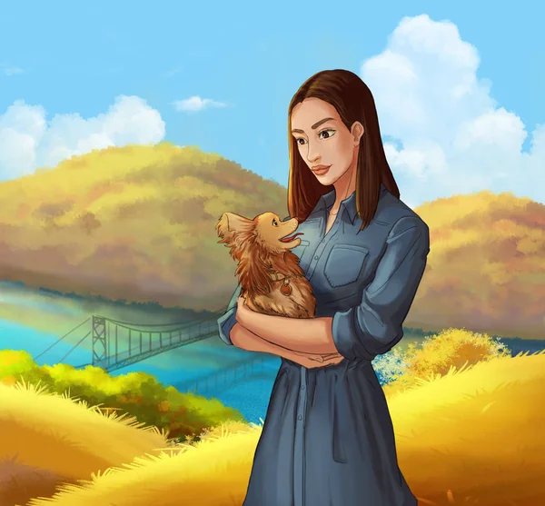 colorful illustration with woman and her dog on nature