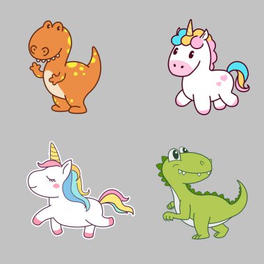 Dinozor ve Tekboynuz Sevimli Karakter Tasarımı. Konsept Sanat. Gerçekçi İllüstrasyon. Video Oyunu Dijital Cg Artwork. Karakter Tasarımı.