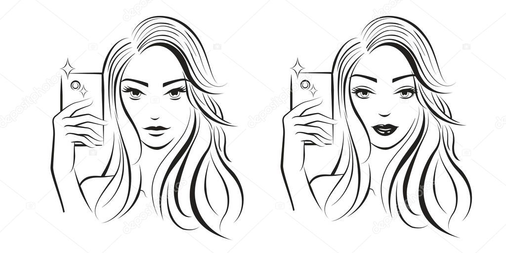 Selfie Girl. Clean Line Art. Fantasy Art. Concept Art. Sketch and Draft. Realistic Cartoon Illustration. Video Game Digital CG Artwork.