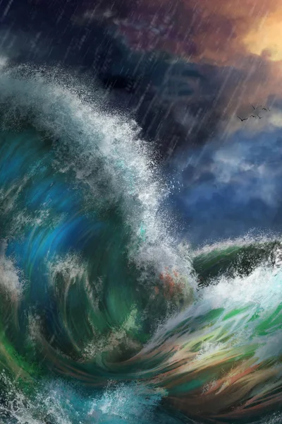 Little Vessel Stormy Sea Fiction Backdrop Concept Art Realistic Illustration — Stock Photo, Image