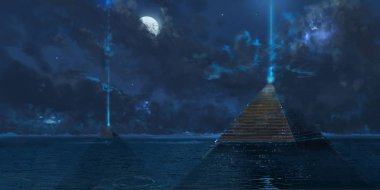 Karanlık gece ışığında su altında Mısır Piramitleri