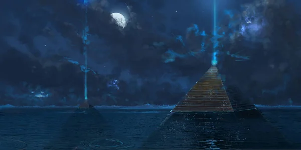 Egyiptom Piramisok Víz Alatt Sötét Éjszaka Fényében — Stock Fotó