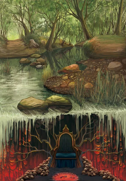 Het Mysterie Bos Rivier Grot Fantasy Fictie Natuurlijke Achtergrond Concept — Stockfoto