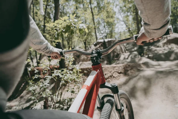 Beskuren Bild Cyklist Ridning Cykel Skogen — Stockfoto