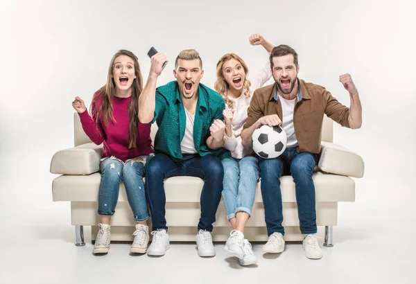 Excited Friends Sitting White Couch Soccer Ball Supporting Favorite Team — Stock Photo, Image