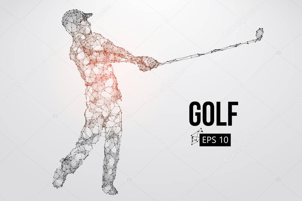 Silhouette of a golf player. Dots, lines, triangles, text, color effects and background on a separate layers, color can be changed in one click. Vector illustration
