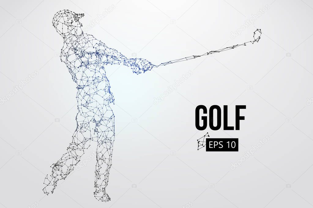 Silhouette of a golf player. Dots, lines, triangles, text, color effects and background on a separate layers, color can be changed in one click. Vector illustration