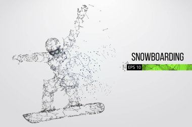 Atlama bir snowboard izole silüeti. Noktalar, çizgiler, üçgenler, metin, renk efektleri ve arka plan ayrı katmanlardaki rengi tek bir tıklamayla değiştirilebilir. Vektör çizim