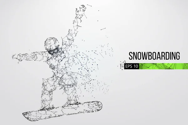 Silueta Snowboarder Saltando Aislado Puntos Líneas Triángulos Texto Efectos Color — Vector de stock