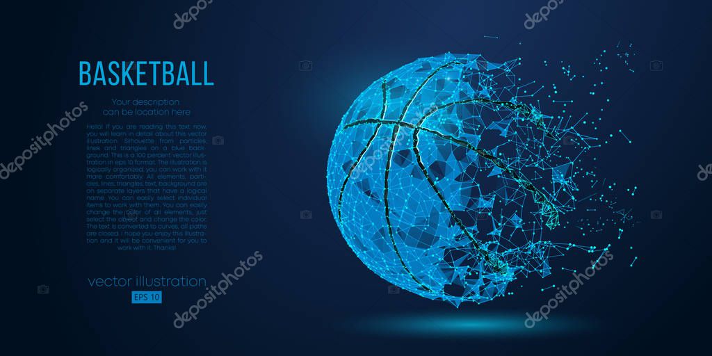 Abstract basketball ball from particles, lines and triangles on blue background. All elements on a separate layers, color can be changed to any other in one click. Vector illustration
