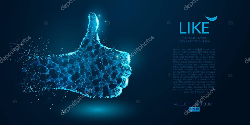 Abstract silhouette of a hand like from particles, lines and triangles on blue background. Elements on a separate layers color can be changed to any other in one click. Vector illustration