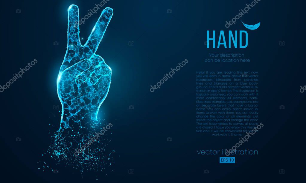 Abstract silhouette of a hand two fingers, victory symbol from particles triangles on blue background. Elements on a separate layers color can be changed to any other in one click. Vector illustration