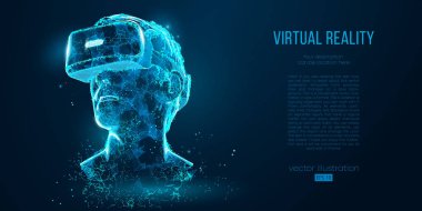 VR kulaklık holografik projeksiyon sanal gerçeklik gözlük, kask. Düşük poli tel anahat geometrik vektör çizim. Parçacıklar, çizgiler ve mavi renkli üçgenler. Neon ışık.