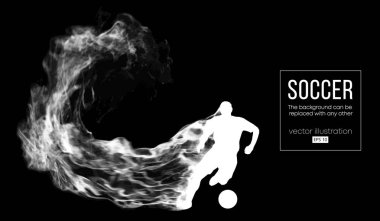 Soyut siluet bir futbolcu saçılan, toz, duman, buhar. Topu ile çalışan futbolcu. Dünya ve Avrupa Ligi. Arka plan için herhangi bir diğer değiştirilebilir. Vektör çizim