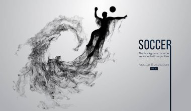 Soyut siluet saçılan beyaz zemin üzerinde bir futbolcu. Topu ile atlama koşma futbolcu. Dünya ve Avrupa Ligi. Arka plan için herhangi bir diğer değiştirilebilir. Vektör